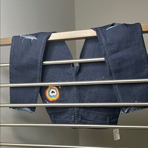 Free People Dark Blue Jeans with Rainbow Patch hand painted